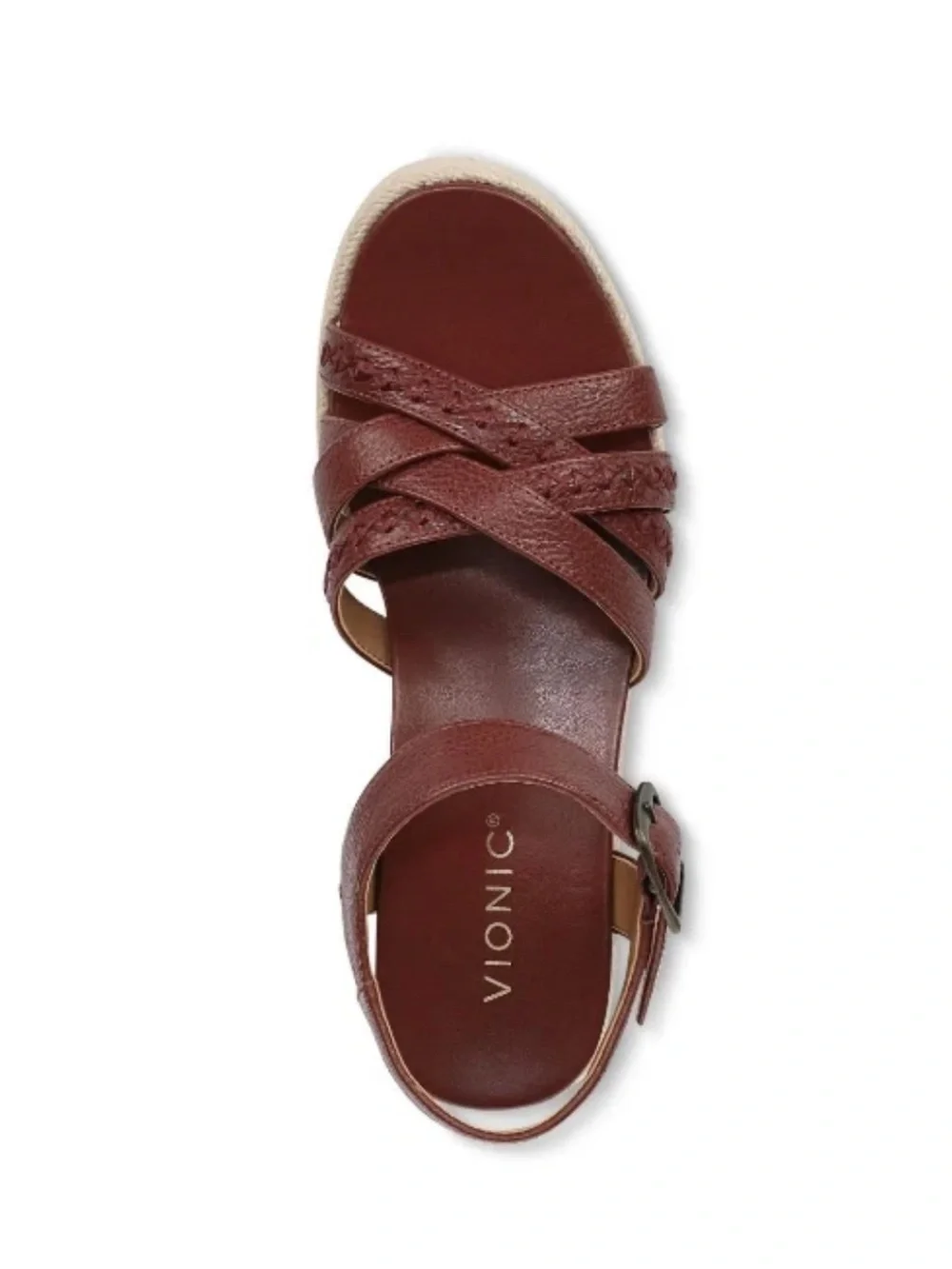 Vionic Braided Leather Espadrille Wedge Sandals - Burgundy